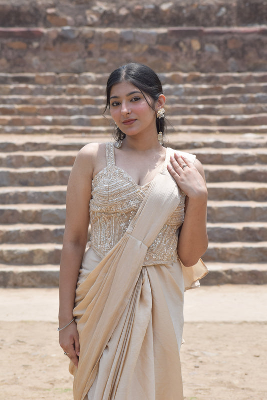 Golden Drape Saree with Embroidered Blouse