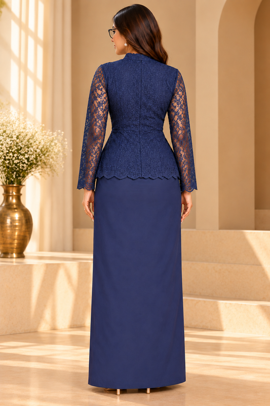 Navy Blue Sequin Lace Drape Skirt Set