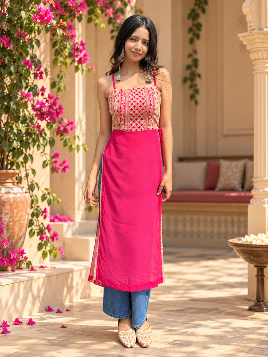 Pink Threadwork Georgette Kurti