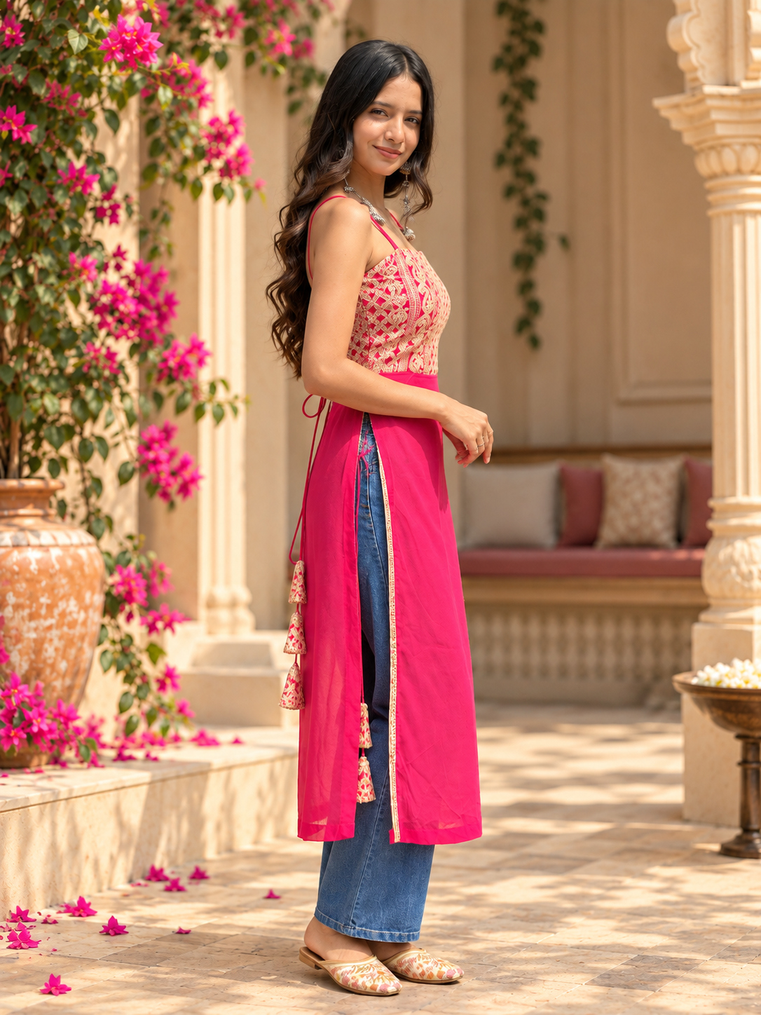 Pink Threadwork Georgette Kurti