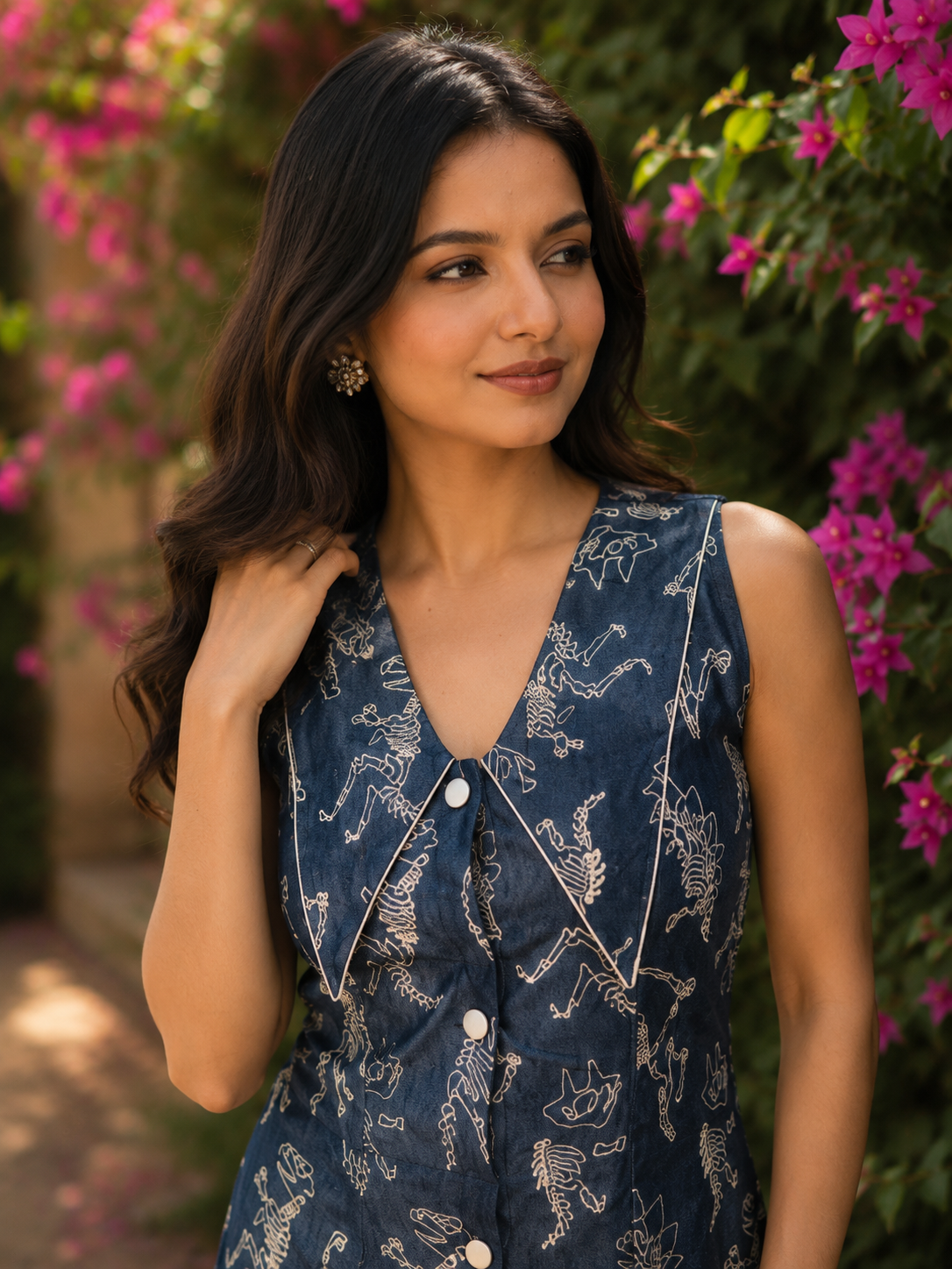 Denim Dress with Box Pleats & Silk Piping Collar Detail