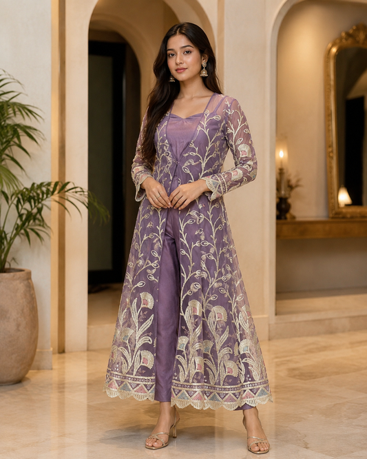 Lavender Embroidered Jumpsuit Set
