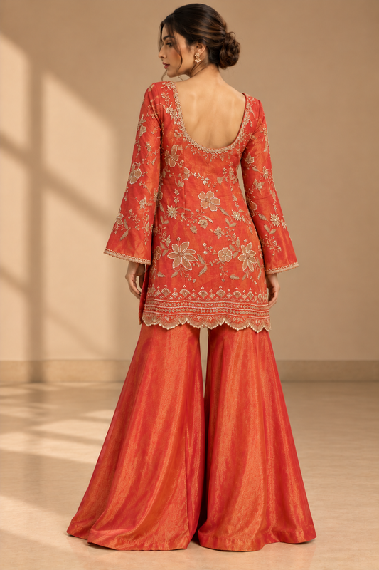 Rust Red Floral Embroidered Palazzo Set