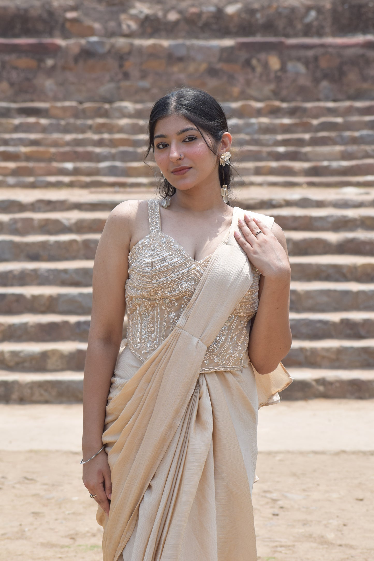 Golden Drape Saree with Embroidered Blouse