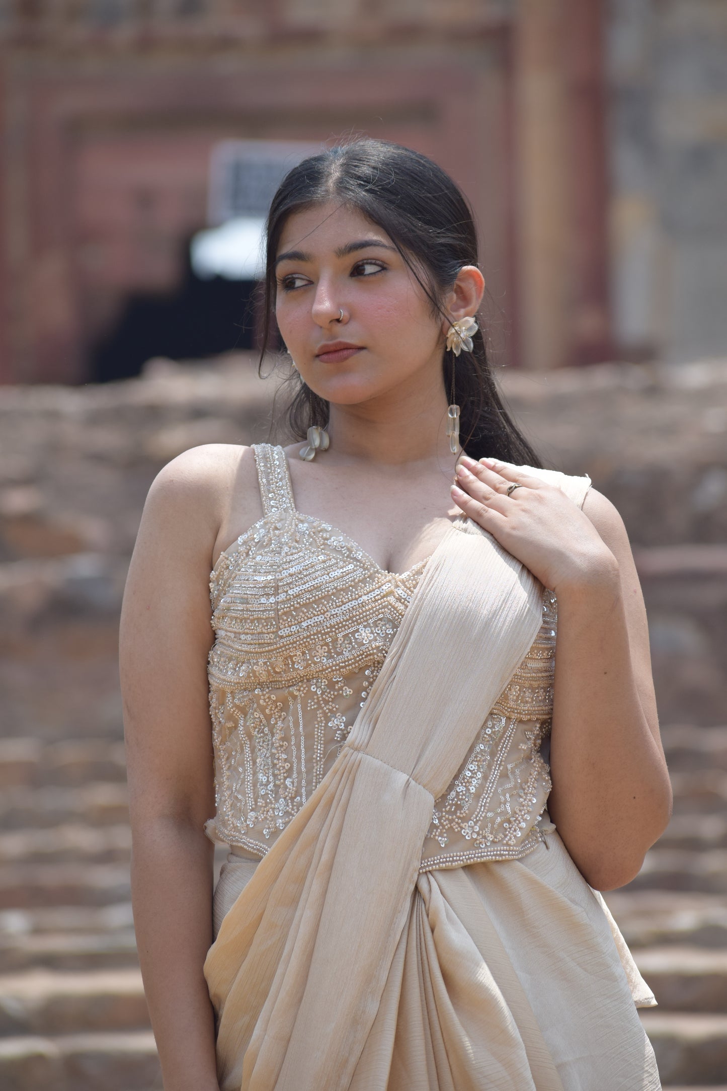 Golden Drape Saree with Embroidered Blouse