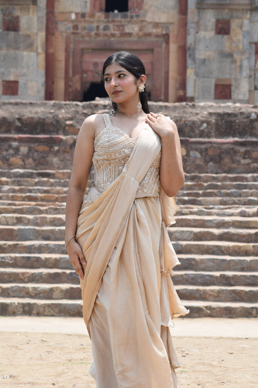 Golden Drape Saree with Embroidered Blouse