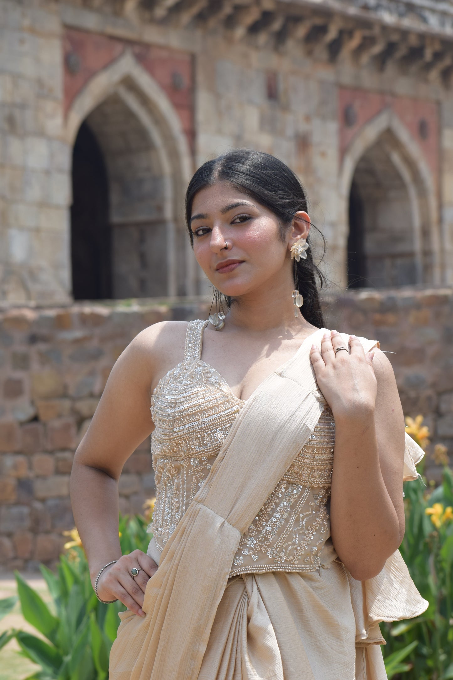 Golden Drape Saree with Embroidered Blouse