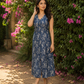Denim Dress with Box Pleats & Silk Piping Collar Detail