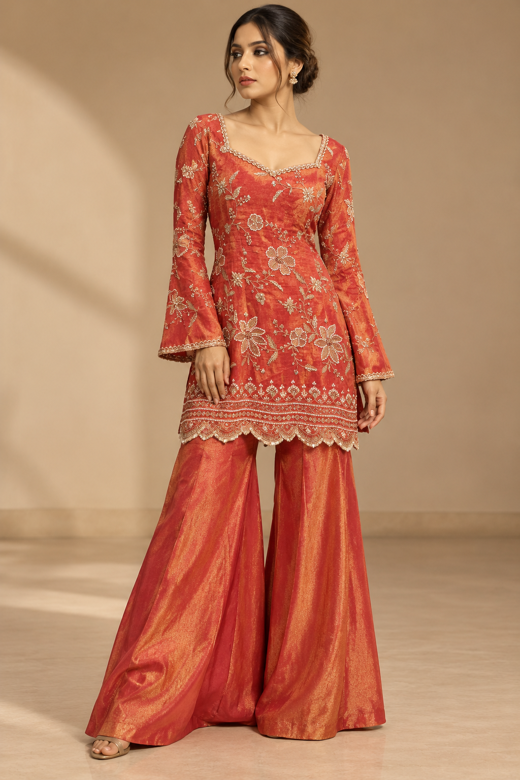 Rust Red Floral Embroidered Palazzo Set