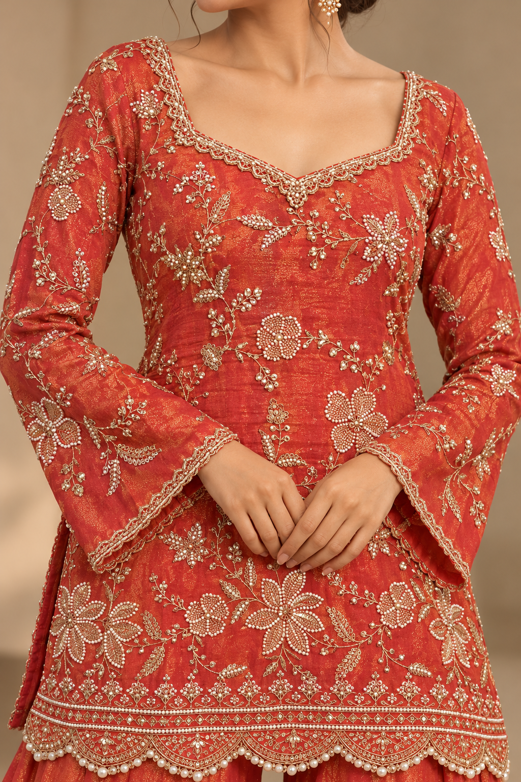 Rust Red Floral Embroidered Palazzo Set