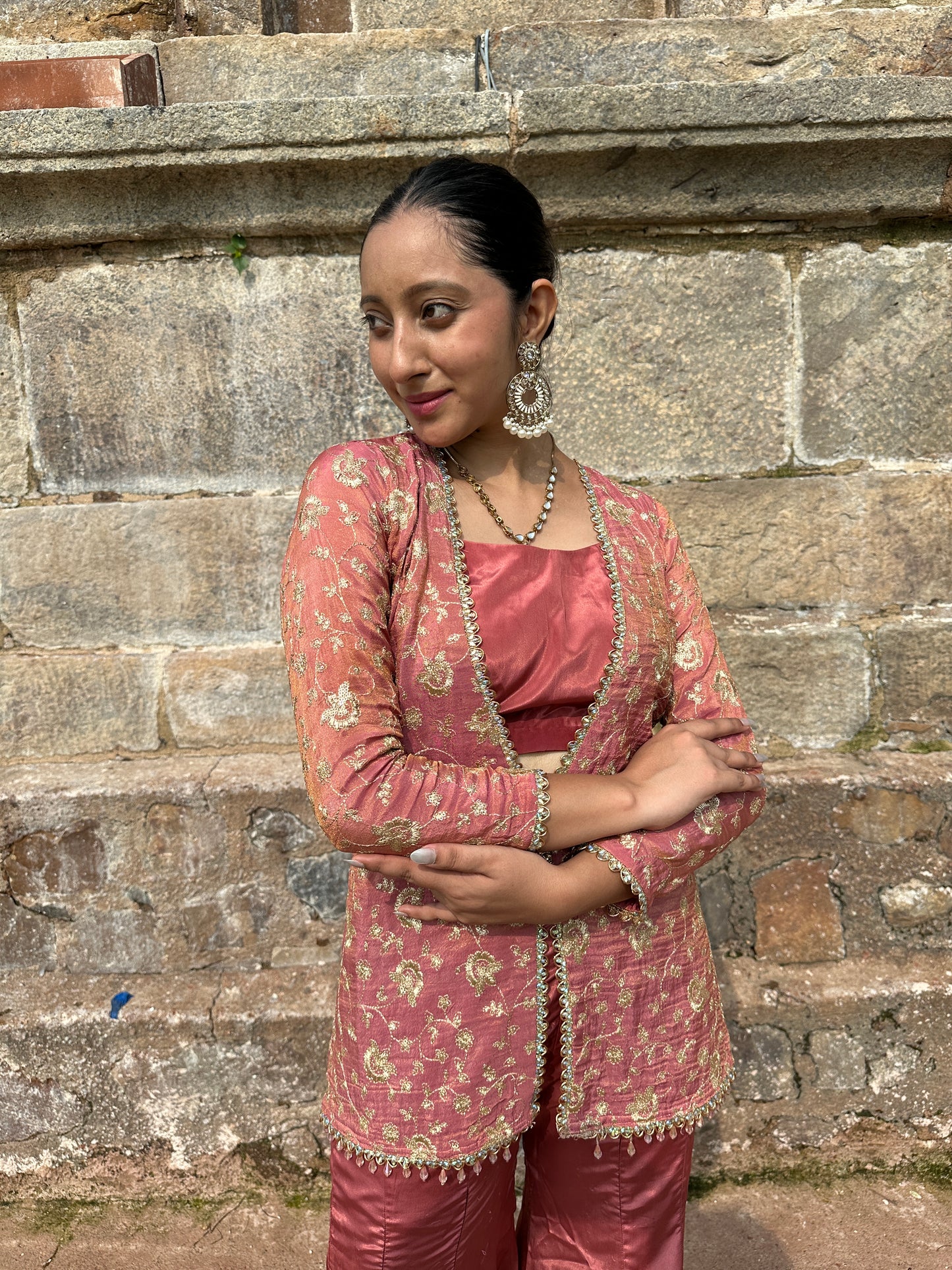 Pink Embroidered Jacket Set