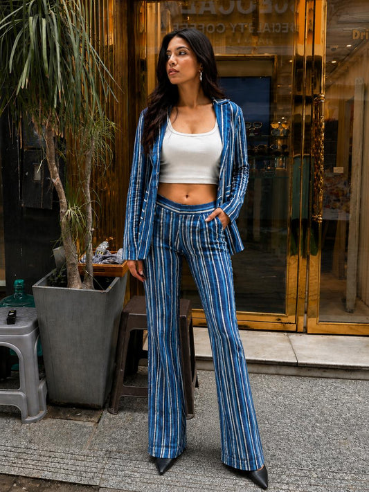 Indigo Stripe Co-ord Set with Handblock Blazer & Bell Bottom Pants