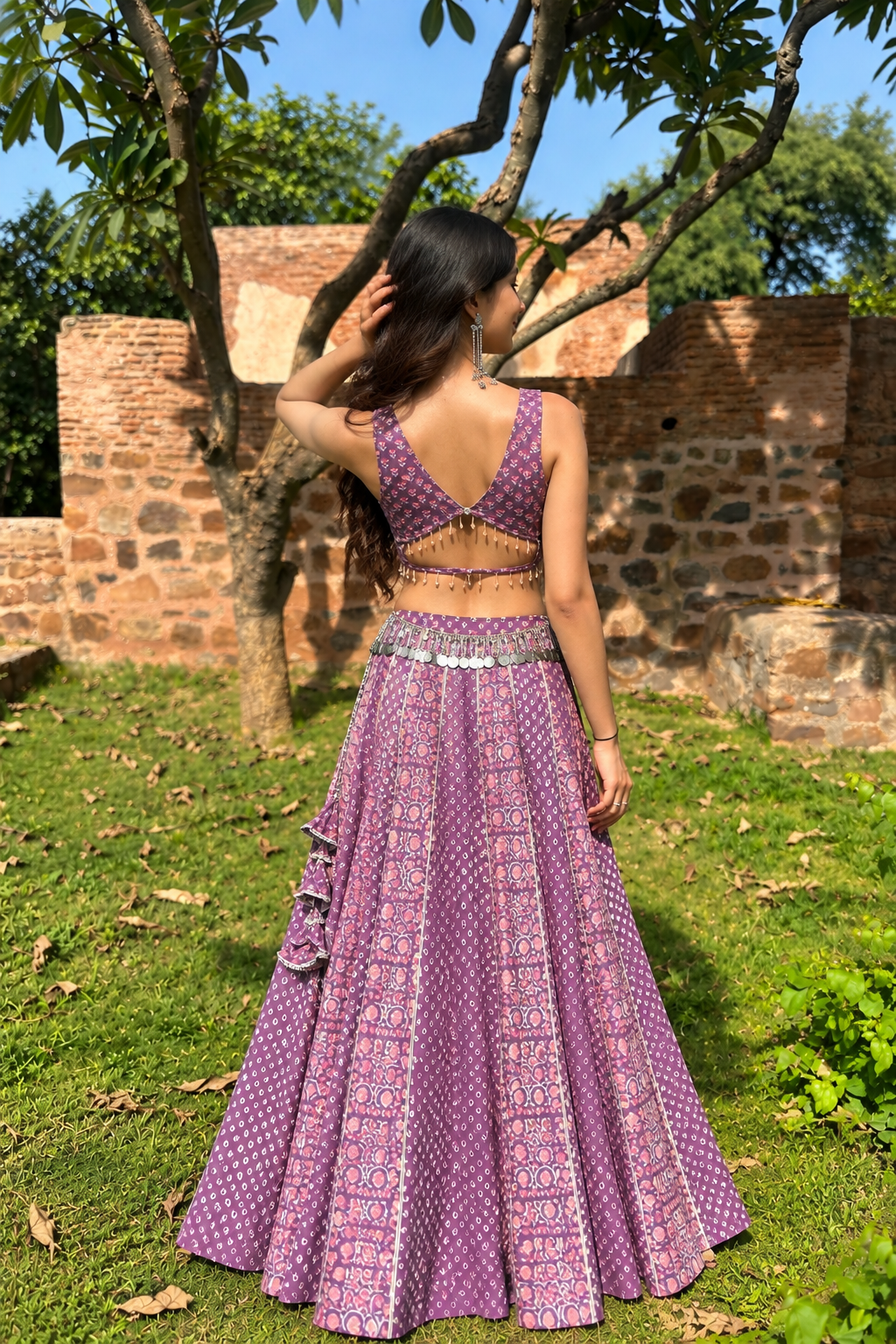 Purple Printed Cotton Lehenga Set