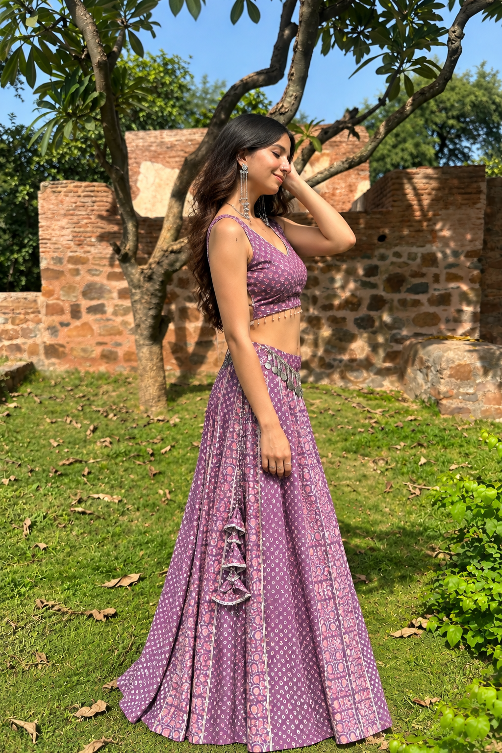 Purple Printed Cotton Lehenga Set