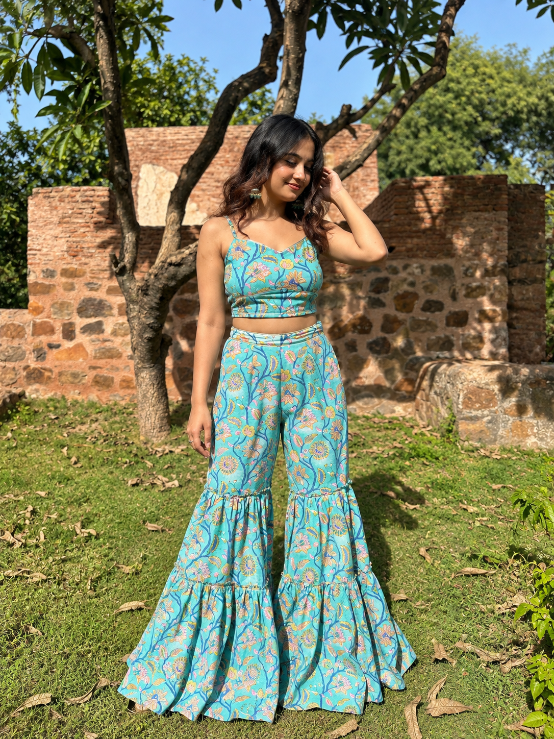 Turquoise Handblock Cotton Co-ord Set
