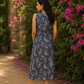 Denim Dress with Box Pleats & Silk Piping Collar Detail