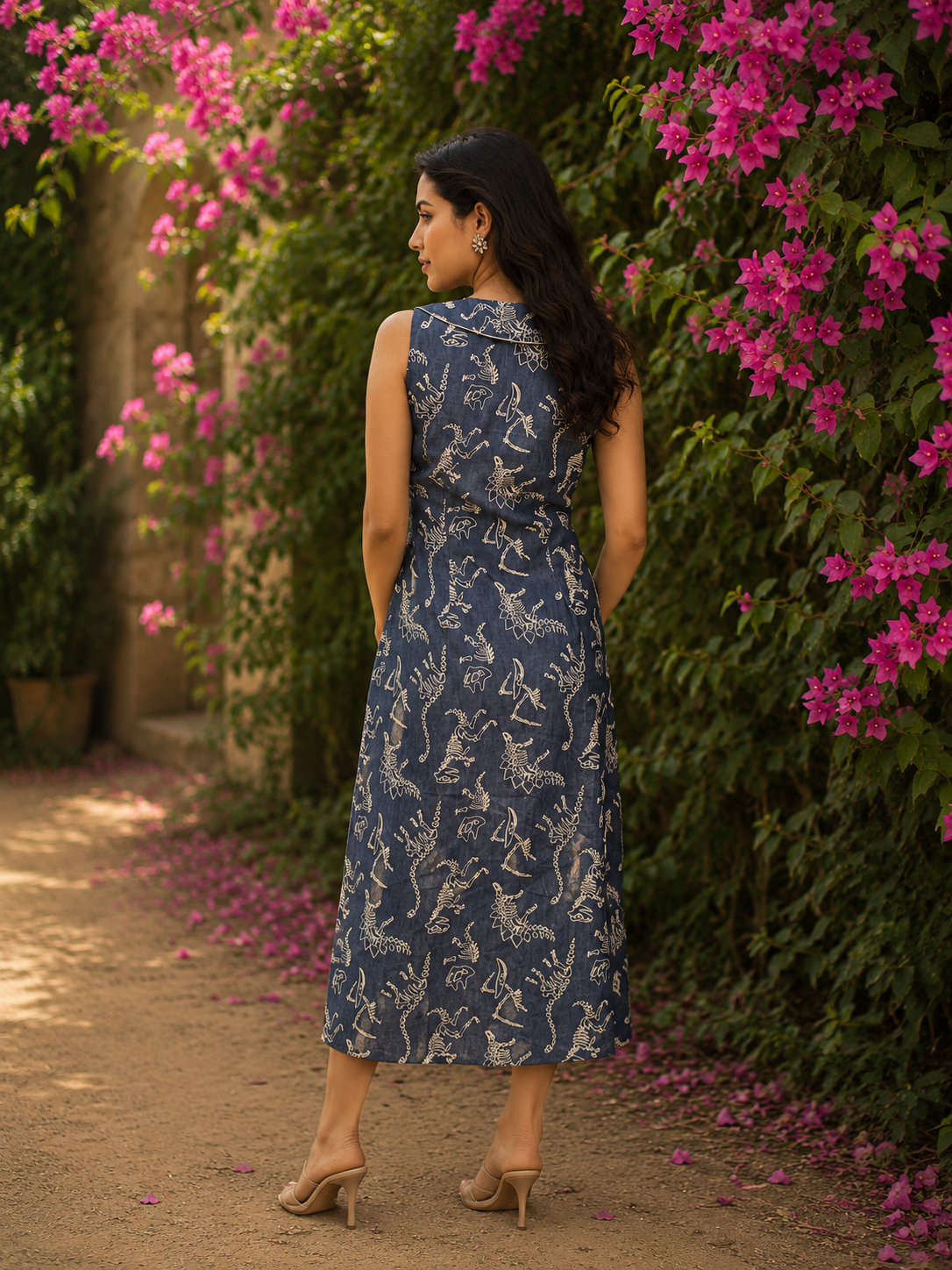 Denim Dress with Box Pleats & Silk Piping Collar Detail