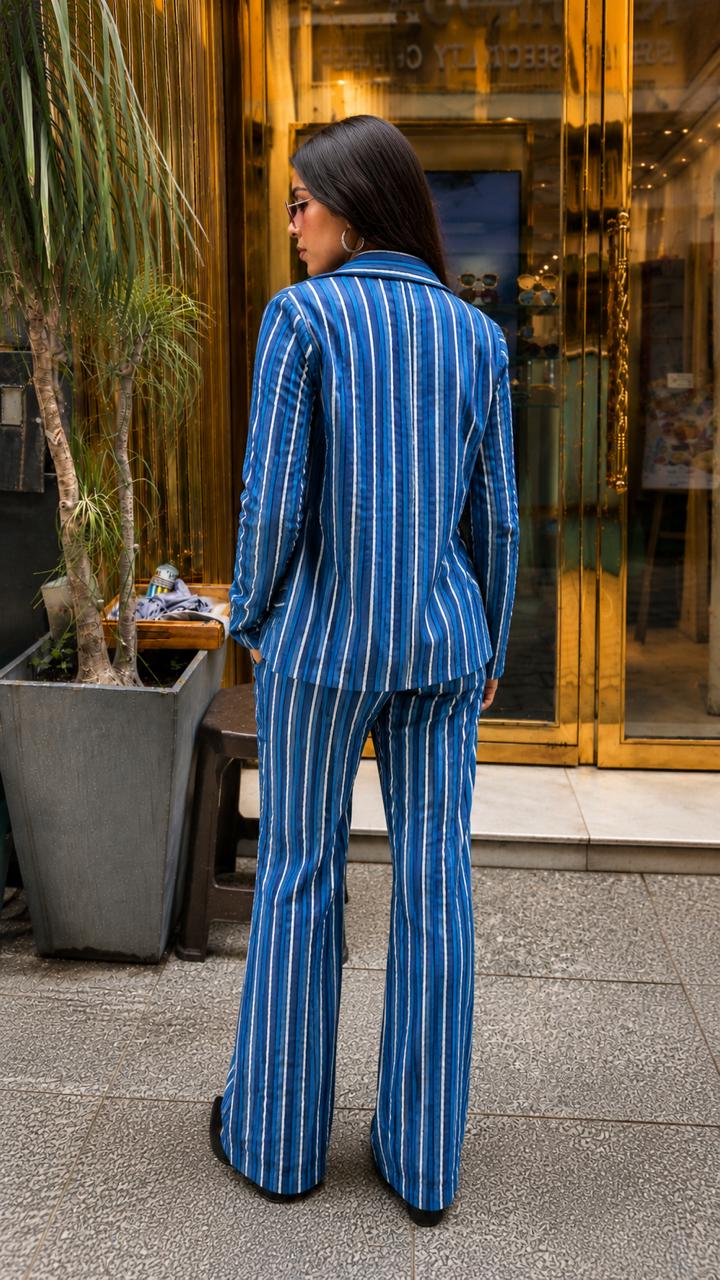Indigo Stripe Co-ord Set with Handblock Blazer & Bell Bottom Pants